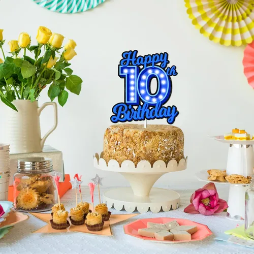 Miniatura 7 de Decoración de pastel de cumpleaños 10 con purpurina azul Let's Glow Crazy Party Theme Decor Supplies Men Women Happy Birthday 10 Anniversary Party