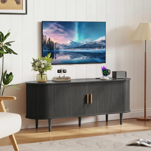 Miniatura 7 de DHH Soporte de TV moderno de mediados de siglo de 55 pulgadas con toma de corriente para televisores de hasta 60 pulgadas, centro de entretenimiento