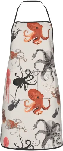 Miniatura 2 de BREAUX Color Octopus Print Apron, Apron With Pockets, Adjustable Bib Apron, Chef'S Apron, Bbq Apron, White