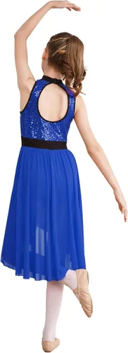Miniatura 2 de TiaoBug Vestido de baile de ballet lírico con lentejuelas para niñas, falda alta y baja, disfraz de salón moderno y contemporáneo de jazz latino