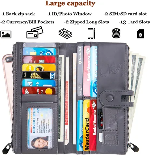 Miniatura 2 de Wallet for Women Large Capacity Genuine Leather Bifold RFID Blocking Card Holder Clutch Wallet with Zipper Pocket