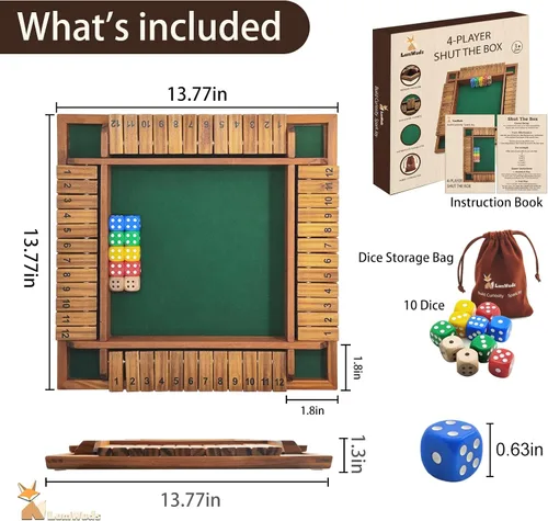 Miniatura 7 de Shut The Box Game Tablero de madera (13.78 pulgadas) para 1-4 jugadores, juegos de dados familiares para adultos con 12 dados, aprendizaje educativo