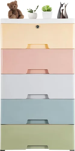Cómoda para dormitorio con 5 cajones, organizadores y almacenamiento de armario de color macarrón, armario alto de plástico con cerradura,