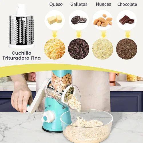 Miniatura 5 de Rallador de queso giratorio X Home para cocina, triturador con 3 cuchillas intercambiables, rallador giratorio con mango y base de succión fuerte