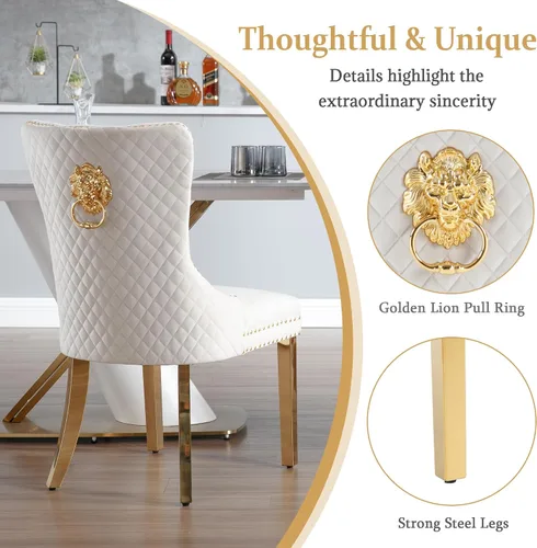 Miniatura 5 de Civama Juego de 2 sillas de comedor, elegantes sillas de comedor de terciopelo capitonado de lujo con patas doradas y adornos de clavos, tirador