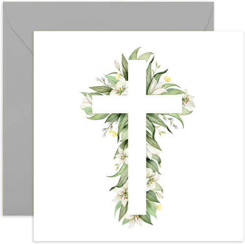 Old English Co. Tarjeta de felicitación de cruz religiosa para Pascua, diseño de flor de lirio con silueta de cruz, tarjeta de fe religiosa para