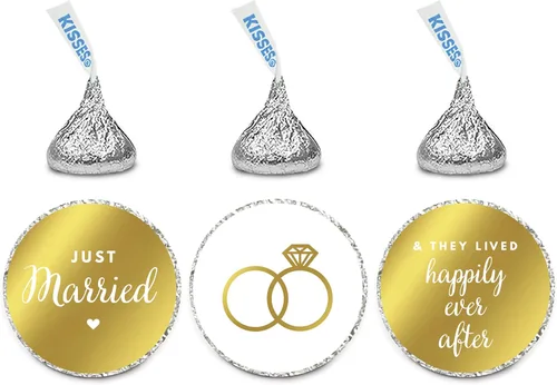 Andaz Press Trío de etiquetas de gotas de chocolate, tinta dorada metálica, boda recién casada, paquete de 216, se adapta a besos, no lámina dorada,