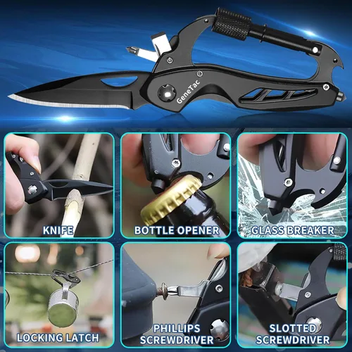 Miniatura 4 de Mosquetón multiherramienta con cuchillo de bolsillo, abrebotellas, rompevanas, destornilladores, equipo de supervivencia táctico EDC para acampar