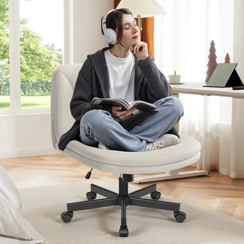 Miniatura 10 de FelixKing Silla Criss Cross con Ruedas, Silla de Oficina con Patas Cruzadas, Silla de Tocador de Escritorio Ancha sin Brazos con 2 Capas de Negro