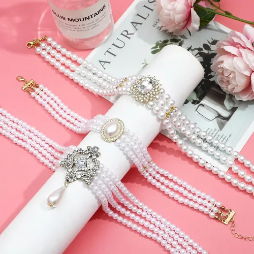 Miniatura 3 de NEWITIN 6 collares de perlas de diamantes de imitación para mujer, gargantilla de perlas en capas con diamantes de imitación de los años 20, collar