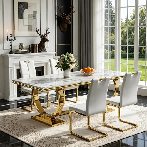 Miniatura 17 de 5 Piece Black Marble Dining Table Set for 4, Modern Faux Marble Kitchen Dining Room Tables with 4 Leather Chairs Set, 68.11" Luxury Rectangular
