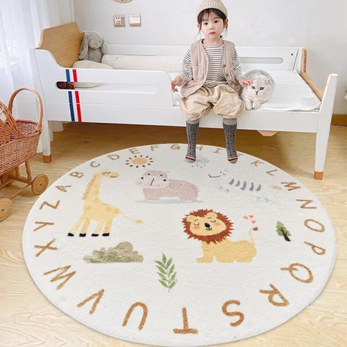 Miniatura 10 de Poowe Alfombra de juego para niños, alfombra redonda educativa del alfabeto, suave, antideslizante, para el dormitorio de los niños pequeños León-2