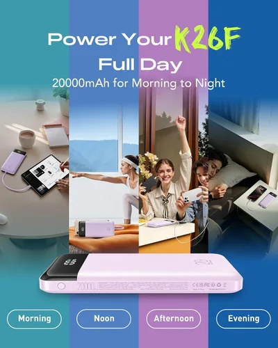 Miniatura 9 de Orfeika Banco de Energía 20000mAh de Carga Rápida, Cargador Portátil con 4 Cables Integrados y 6 Salidas, Paquete de Batería USB C PD de 20W Lavanda