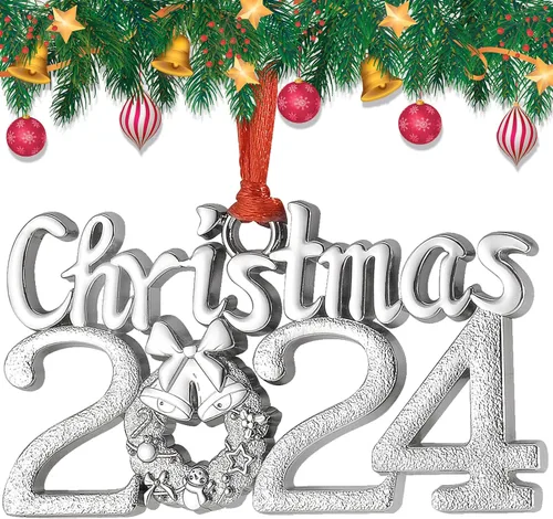 Adorno de Navidad con fecha 2024, adorno anual plateado para árbol de Navidad con cinta para decoración de árbol de Navidad, colgante decorativo
