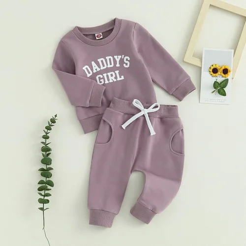 Miniatura 56 de Conjunto de 2 piezas de ropa de otoño para bebé y niña, sudadera de manga larga con cuello redondo y pantalones deportivos, conjunto de traje