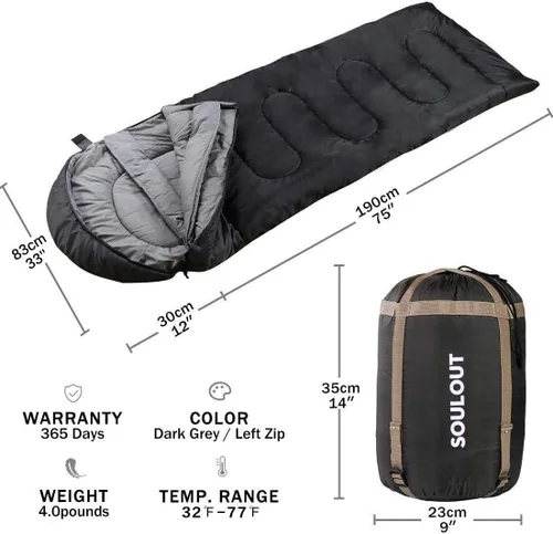 Miniatura 2 de Saco de dormir de 3 a 4 estaciones para adultos y niños, bolsa de camping ligera y cálida para clima frío con saco de compresión impermeable - Gris