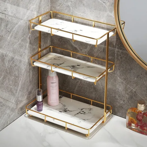 Miniatura 12 de Organizador de baño, organizador de perfumes, organizador de maquillaje, estante de almacenamiento de cosméticos, bandeja de tocador de acero 2