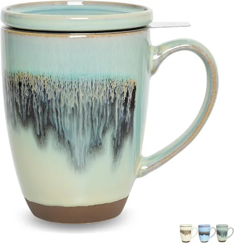 Miniatura 12 de Bosmarlin Taza de té de cerámica mate con infusor y tapa, 13.5 onzas, taza de té suelta, apta para lavavajillas y microondas (azul oscuro)
