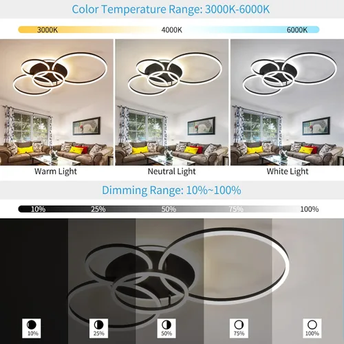 Miniatura 2 de Lámpara de techo LED moderna de 90W regulable con control remoto, 5 anillos, lámpara de techo empotrada, candelabro acrílico negro LED para sala