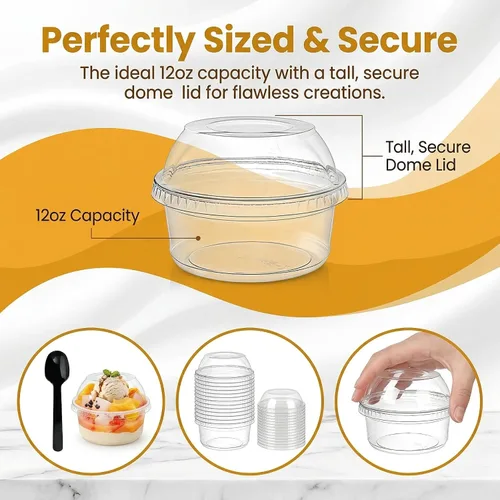 Miniatura 2 de WUWEOT Paquete de 50 cuencos de Acai con tapas, recipientes de plástico transparente de 12 onzas para postre, vasos de yogur PET con tapa