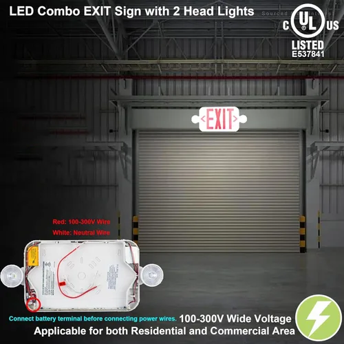 Miniatura 7 de LIT-PaTH Letrero LED de salida combinado con 2 luces de cabeza ajustables y cara doble, baterías de respaldo, iluminación de salida de emergencia