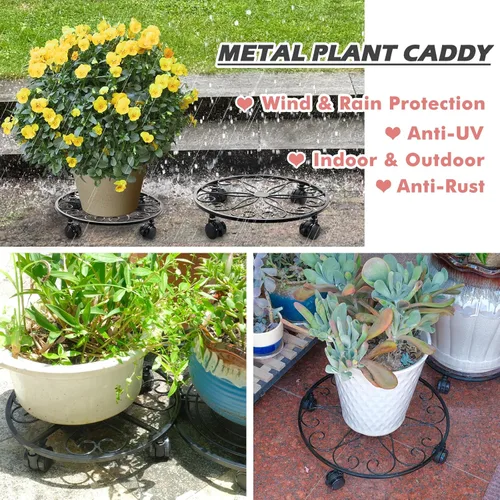 Miniatura 6 de Paquete de 6 soportes de metal para plantas con ruedas de 12 pulgadas con ruedas, soporte de hierro forjado resistente, rodillos para plantas