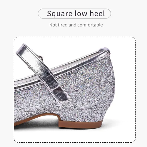 Miniatura 5 de Stelle - Zapatos de vestir para niñas pequeñas, zapatos de princesa con purpurina y flores, tacón bajo estilo Mary Jane, ideales para fiestas y bodas