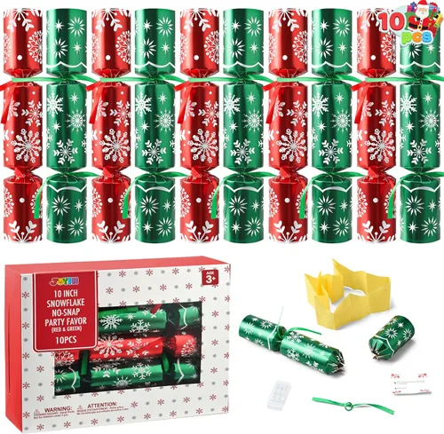 JOYIN 10 unidades de recuerdo de fiesta de Navidad sin enganche, recuerdo de mesa de copo de nieve rojo y verde, incluye sombrero de fiesta, bromas