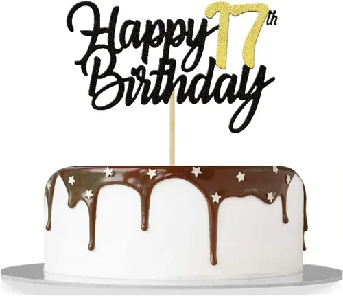 Miniatura 5 de Decoración para tartas de cumpleaños 17 años con purpurina para 17 años, decoraciones doradas para tartas de cumpleaños de 17 años, suministros