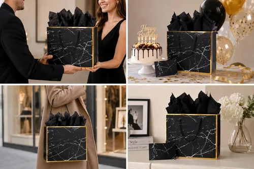 Miniatura 5 de ysmile Marble Black 12" Bolsa de regalo premium de mármol negro con papel de seda para cumpleaños, aniversario, día del Padre Large ancho