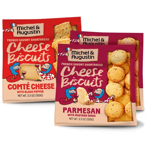 Miniatura 12 de Michel et Augustin Galletas gourmet con queso Comté y pimienta negra, galletas saladas para fiestas, aperitivos franceses, paquete de 3, bolsas
