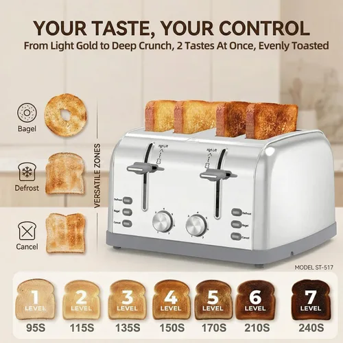 Miniatura 2 de Tostador retro de 4 rebanadas de acero inoxidable, el mejor tostador Prime de 4 rebanadas con ranura ancha y 7 configuraciones de tostado, perfecto