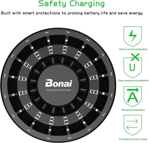Miniatura 7 de BONAI Baterías AAA recargables con cargador, paquete de 16 pilas recargables AAA y cargador de batería de 16 bahías para AA AA