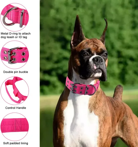 Miniatura 3 de Collar reflectante para perro táctico resistente con mango de control y hebilla de metal para entrenamiento de perros (M, rosa)