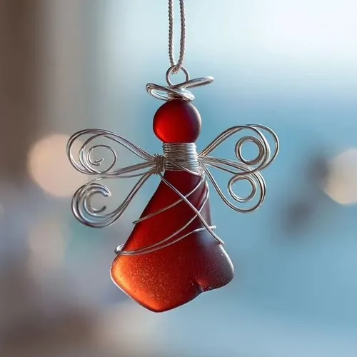 Miniatura 2 de Adorno de ángel de cristal de mar hecho a mano, hecho a mano, decoración de ángel envuelto en alambre plateado, decoración única de árbol de Navidad
