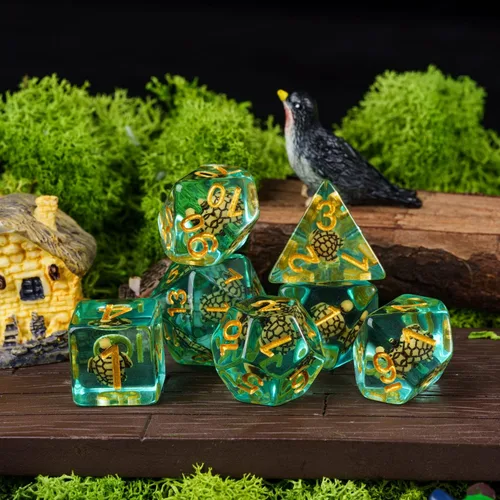 Miniatura 3 de Cusdie Dados DND de 7 troqueles, juego de dados poliédricos rellenos de animales, para juegos de rol, dados D&D (tortuga marrón)