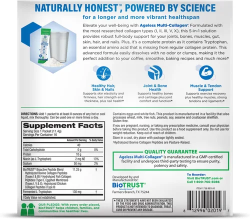 Miniatura 7 de BioTrust Ageless - Polvo de péptidos de colágeno múltiple – Tipos I, II, III, V, X – Polvo de colágeno sin sabor para mujeres y hombres – Proteína