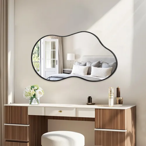Miniatura 7 de JJUUYOU Espejo de pared irregular con marco de metal negro, espejos decorativos asimétricos de baño, grandes de 20 x 36 pulgadas para sala de estar