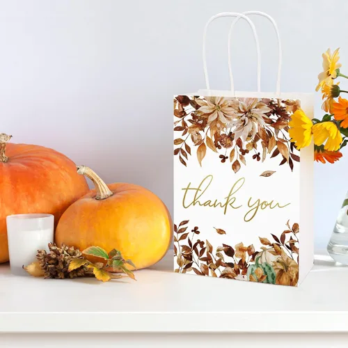 Miniatura 5 de AnyDesign 12 bolsas de regalo de agradecimiento de hojas de otoño con asa, bolsa de papel de otoño de lámina dorada para Acción de Gracias, boda