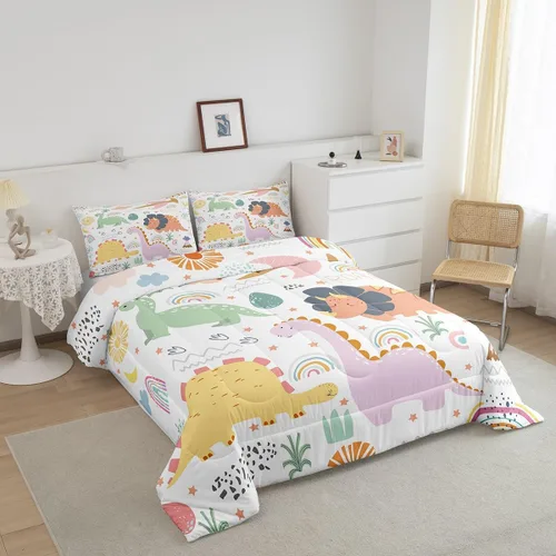 Miniatura 2 de Feelyou Juego de edredón de dinosaurio, tamaño individual, bonito juego de edredón de dinosaurio arcoíris para niños y niñas, juego de edredón Multi