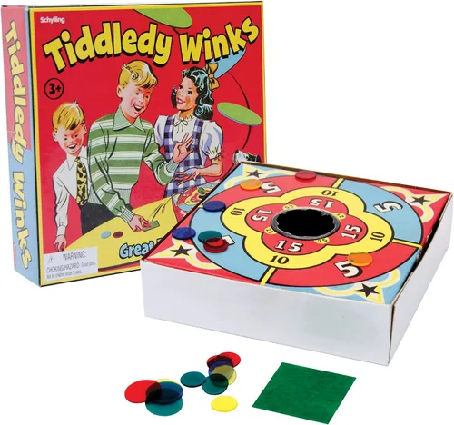 Schylling Tiddledy Winks - Juego clásico para toda la familia - Incluye tablero de juego, taza y guiños - A partir de 3 años