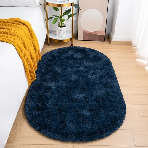 Miniatura 16 de Goideal Alfombra Esponjosa para Dormitorio, Alfombras de Área Ovaladas Pequeñas, Alfombra Shag de Cabecera Azul Marino Claro para Habitación