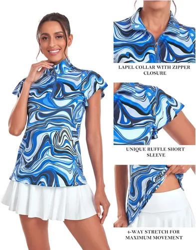 Miniatura 3 de Tanst Sky Polo de golf para mujer, con cremallera, volantes, manga corta, para entrenamiento, secado rápido