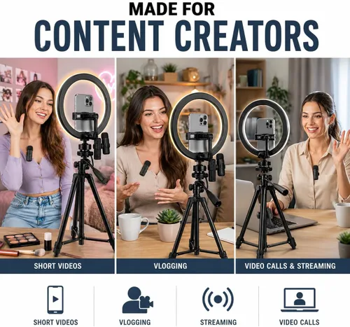 Miniatura 3 de Acuvar Kit de vlogging con trípode de luz de anillo – Kit de creación de contenido para iPhone, Android y tabletas, micrófono, control remoto