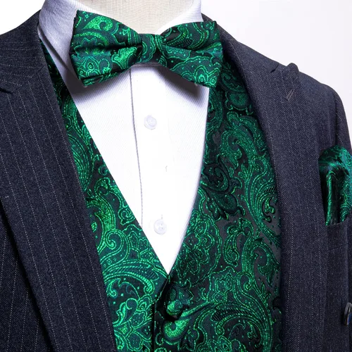 Miniatura 10 de Barry.Wang Conjunto de chaleco de pajarita para hombre, chaleco con cuello en V de seda jacquard de cachemira, gemelos de pañuelo formal/ocio, boda
