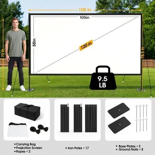 Miniatura 7 de Pantalla de proyector para exteriores con soporte, kit de proyección portátil de 120 pulgadas, 16:9 4K HD, sin arrugas, pantalla de cine