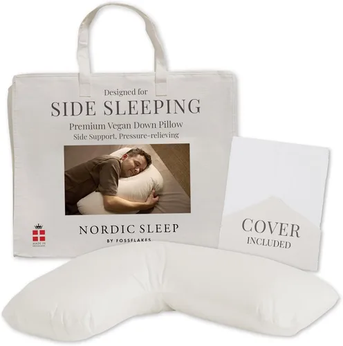 FOSSFLAKES Nordic Sleep - Almohada ergonómica en forma de L, soporte ortopédico, relleno patentado semifirme, funda de satén de algodón, color blanco