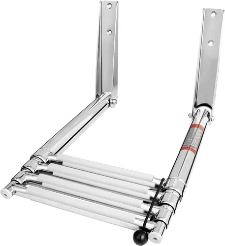 Miniatura 4 de YOUNG MARINE Escalera telescópica y plegable de acero inoxidable de 4 escalones con estribo de plástico blanco, montaje sobre plataforma
