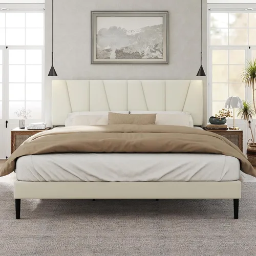 Miniatura 8 de HAOARA Marco de cama tamaño completo con cabecera tapizada en tela, cama plataforma con soporte de listones de madera, base de colchón completa