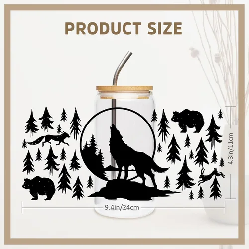 Miniatura 3 de Adhesivo UV DTF para taza, 8 hojas de transferencia DTF UV de animales para vidrio de 16 onzas, estilo bosque negro, lobo, ciervo, jirafa, elefante